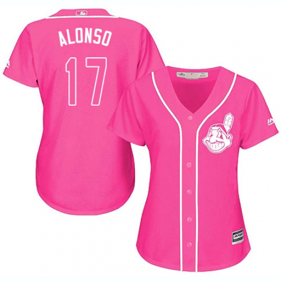 Women's Majestic Cleveland Indians 17 Yonder Alonso Authentic Pink Fashion Cool Base MLB Jersey