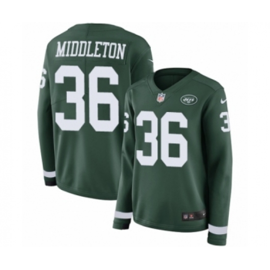 Women's Nike New York Jets 36 Doug Middleton Limited Green Therma Long Sleeve NFL Jersey