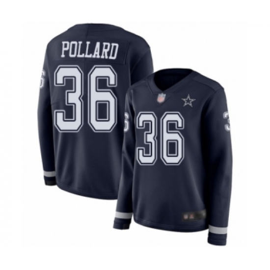 Women's Dallas Cowboys 36 Tony Pollard Limited Navy Blue Therma Long Sleeve Football Jersey