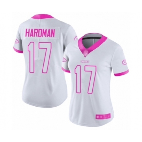 Women's Kansas City Chiefs 17 Mecole Hardman Limited White Pink Rush Fashion Football Jersey