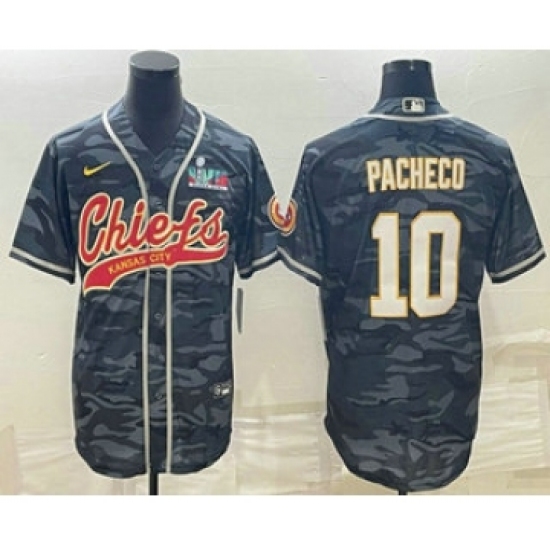 Men's Kansas City Chiefs 10 Isiah Pacheco Grey Camo With Super Bowl LVII Patch Cool Base Stitched Baseball Jersey