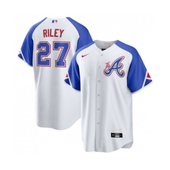 Men's Atlanta Braves 27 Austin Riley White 2023 City Connect Cool Base Stitched Baseball Jersey