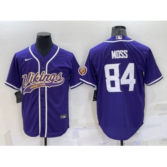Men's Minnesota Vikings 84 Randy Moss Purple With Patch Cool Base Stitched Baseball Jersey