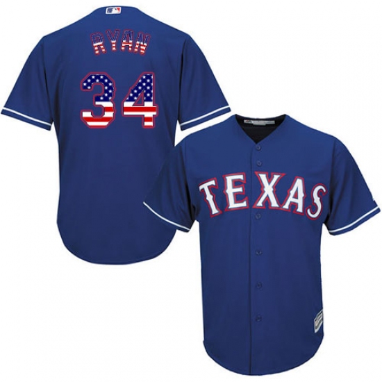 Men's Majestic Texas Rangers 34 Nolan Ryan Authentic Royal Blue USA Flag Fashion MLB Jersey