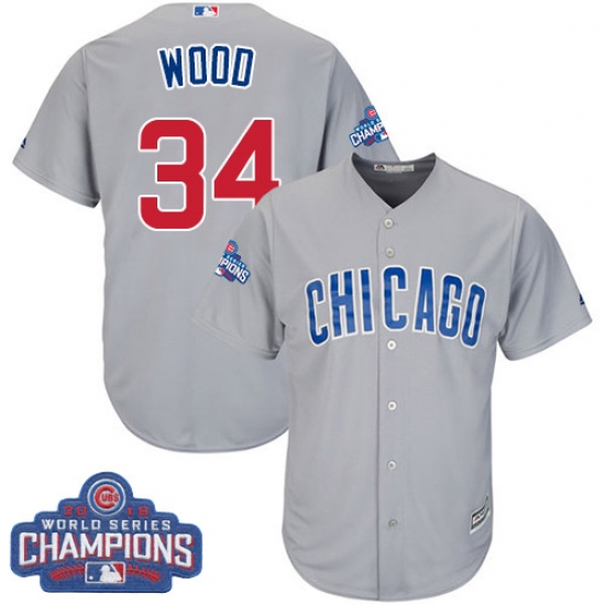 Youth Majestic Chicago Cubs 34 Kerry Wood Authentic Grey Road 2016 World Series Champions Cool Base MLB Jersey