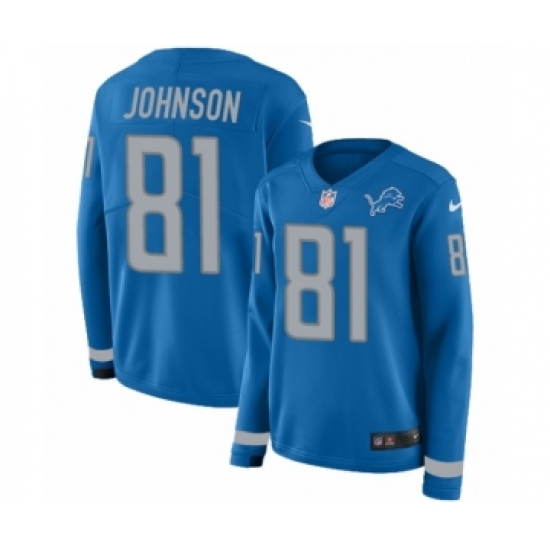 Women's Nike Detroit Lions 81 Calvin Johnson Limited Blue Therma Long Sleeve NFL Jersey