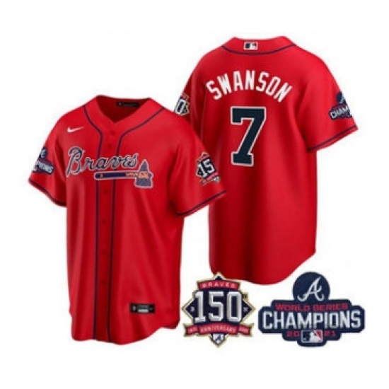 Men's Atlanta Braves 7 Dansby Swanson 2021 Red World Series Champions With 150th Anniversary Patch Cool Base Stitched Jersey