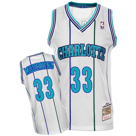 Men's Mitchell and Ness Charlotte Hornets 33 Alonzo Mourning Authentic White Throwback NBA Jersey