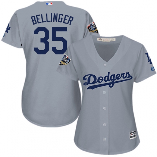 Women's Majestic Los Angeles Dodgers 35 Cody Bellinger Authentic Grey Road Cool Base 2018 World Series MLB Jersey