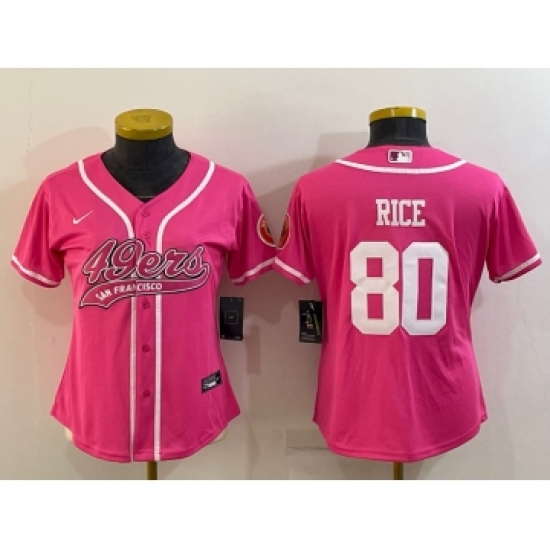 Women's San Francisco 49ers 80 Jerry Rice Pink With Patch Cool Base Stitched Baseball Jersey