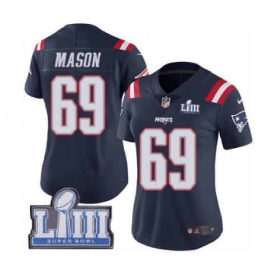 Women's Nike New England Patriots 69 Shaq Mason Limited Navy Blue Rush Vapor Untouchable Super Bowl LIII Bound NFL Jersey