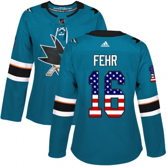 Women's Adidas San Jose Sharks 16 Eric Fehr Authentic Teal Green USA Flag Fashion NHL Jersey