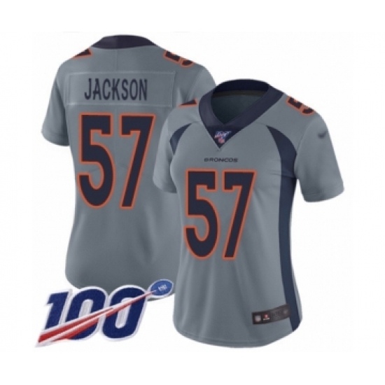 Women's Denver Broncos 57 Tom Jackson Limited Silver Inverted Legend 100th Season Football Jersey