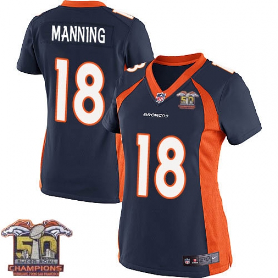 Women's Nike Denver Broncos 18 Peyton Manning Elite Navy Blue Alternate Super Bowl 50 Champions NFL Jersey