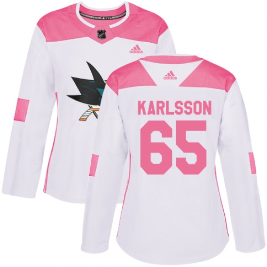 Women's Adidas San Jose Sharks 65 Erik Karlsson Authentic White Pink Fashion NHL Jersey