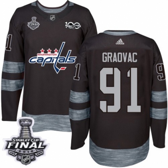 Men's Adidas Washington Capitals 91 Tyler Graovac Authentic Black 1917-2017 100th Anniversary 2018 Stanley Cup Final NHL Jersey