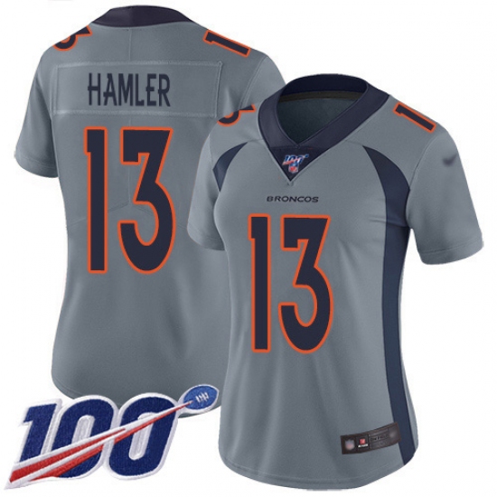 Women's Denver Broncos 13 KJ Hamler Gray Stitched Limited Inverted Legend 100th Season Jersey