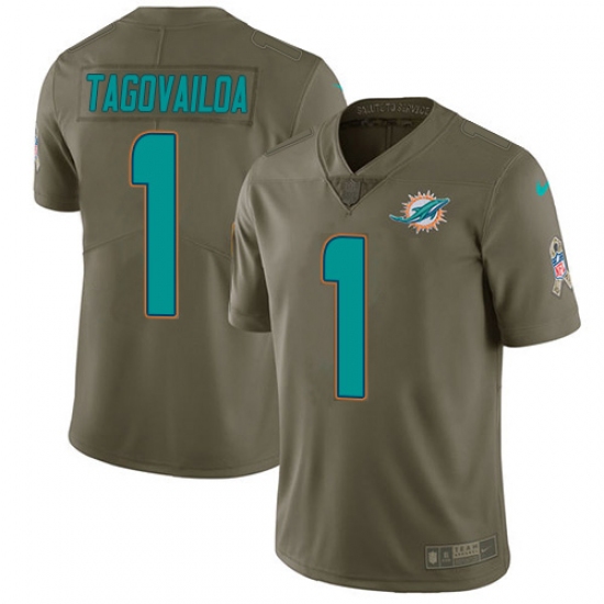 Men's Miami Dolphins 1 Tua Tagovailoa Olive Stitched Limited 2017 Salute To Service Jersey