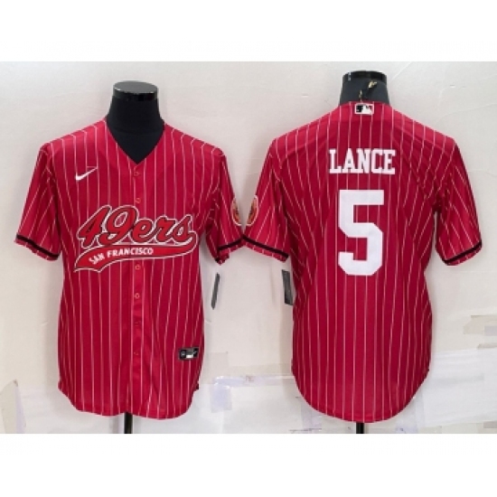 Men's San Francisco 49ers 5 Trey Lance Red Pinstripe With Patch Cool Base Stitched Baseball Jersey