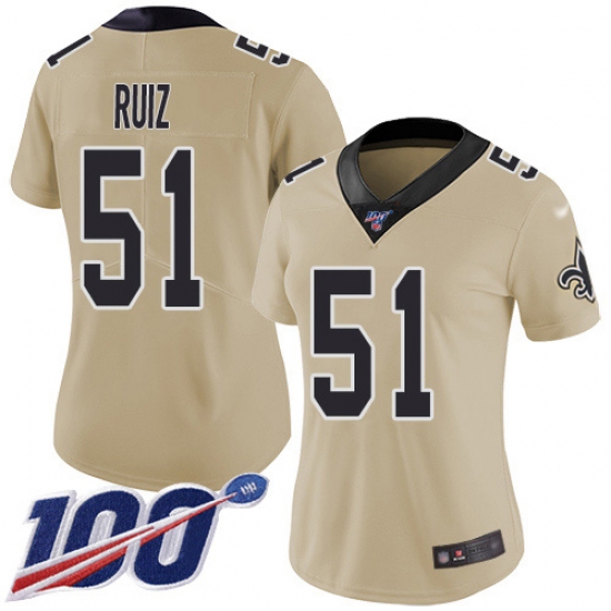 Women's New Orleans Saints 51 Cesar Ruiz Gold Stitched NFL Limited Inverted Legend 100th Season Jersey
