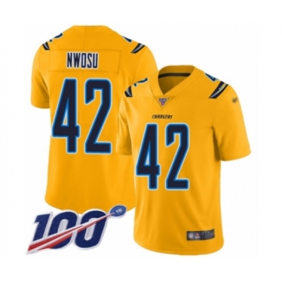 Men's Los Angeles Chargers 42 Uchenna Nwosu Limited Gold Inverted Legend 100th Season Football Jersey