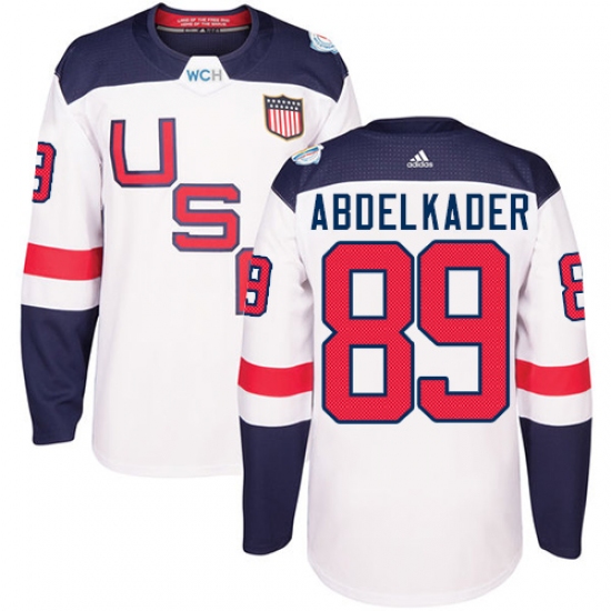 Men's Adidas Team USA 89 Justin Abdelkader Authentic White Home 2016 World Cup Ice Hockey Jersey