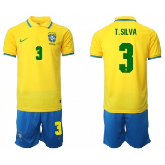 Men's Brazil 3 T. Silva Yellow Home Soccer Jersey Suit