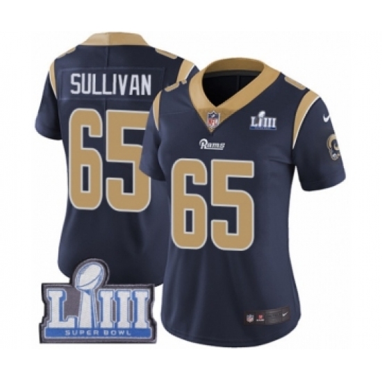 Women's Nike Los Angeles Rams 65 John Sullivan Navy Blue Team Color Vapor Untouchable Limited Player Super Bowl LIII Bound NFL Jersey