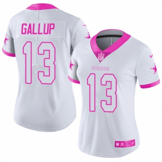 Women's Nike Dallas Cowboys 13 Michael Gallup Limited White/Pink Rush Fashion NFL Jersey