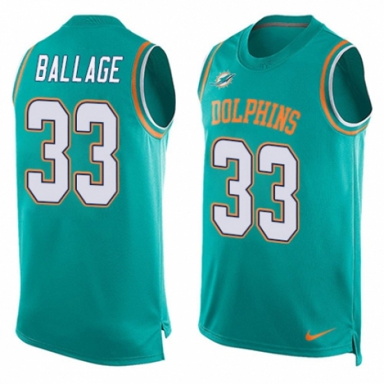 Men's Nike Miami Dolphins 33 Kalen Ballage Limited Aqua Green Player Name & Number Tank Top NFL Jersey