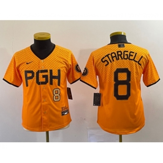 Youth Nike Pittsburgh Pirates 8 Willie Stargell Number Yellow 2023 City Connect Stitched Jersey1