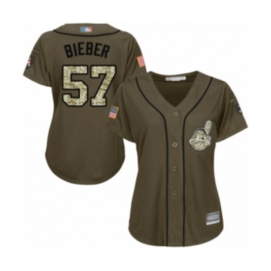 Women's Cleveland Indians 57 Shane Bieber Authentic Green Salute to Service Baseball Jersey