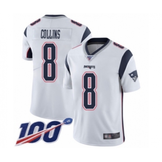 Men's New England Patriots 8 Jamie Collins White Vapor Untouchable Limited Player 100th Season Football Jersey