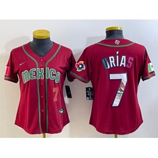 Women's Mexico Baseball 7 Julio Urias Number 2023 Red World Baseball Classic Stitched Jersey4