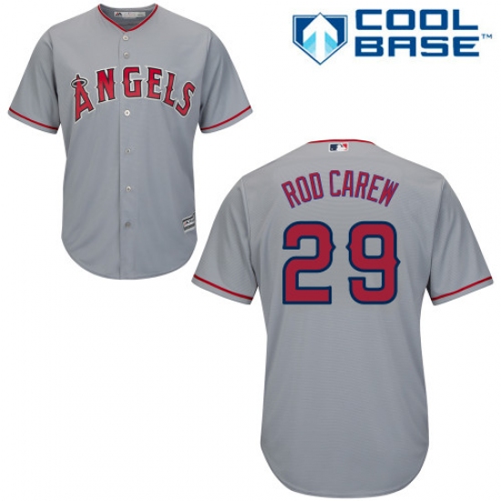 Men's Majestic Los Angeles Angels of Anaheim 29 Rod Carew Replica Grey Road Cool Base MLB Jersey