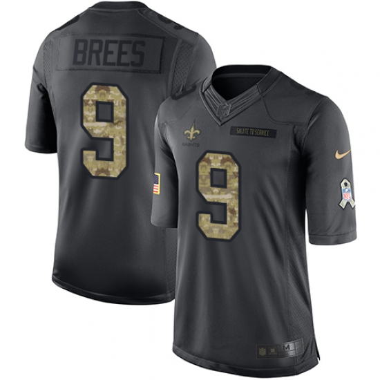 Men's Nike New Orleans Saints 9 Drew Brees Limited Black 2016 Salute to Service NFL Jersey