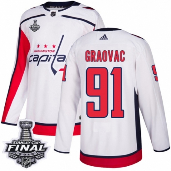 Men's Adidas Washington Capitals 91 Tyler Graovac Authentic White Away 2018 Stanley Cup Final NHL Jersey