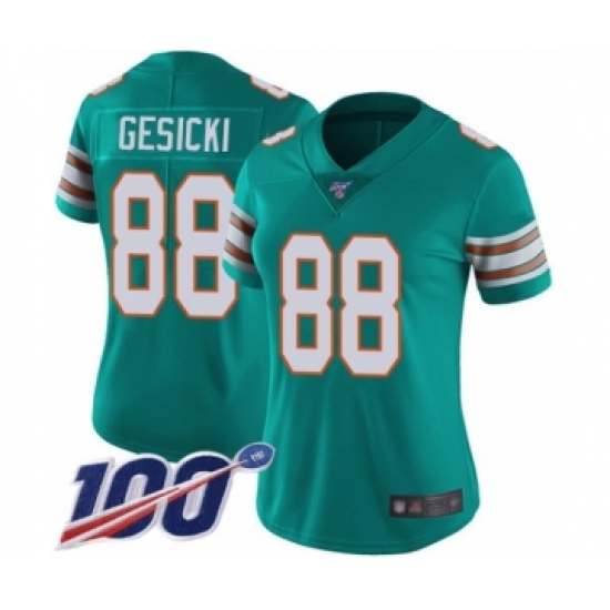 Women's Miami Dolphins 88 Mike Gesicki Aqua Green Alternate Vapor Untouchable Limited Player 100th Season Football Jersey