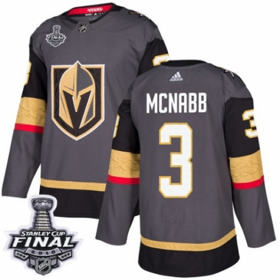 Men's Adidas Vegas Golden Knights 3 Brayden McNabb Authentic Gray Home 2018 Stanley Cup Final NHL Jersey