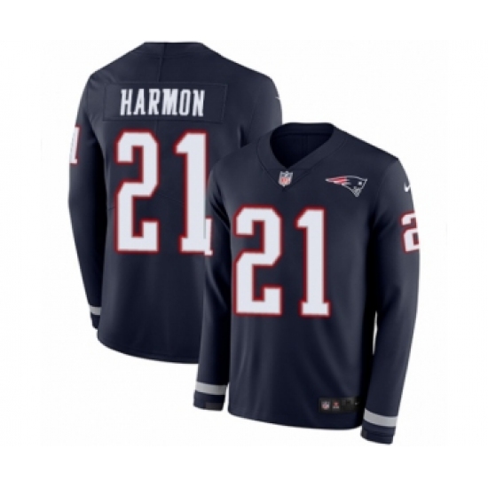Men's Nike New England Patriots 21 Duron Harmon Limited Navy Blue Therma Long Sleeve NFL Jersey