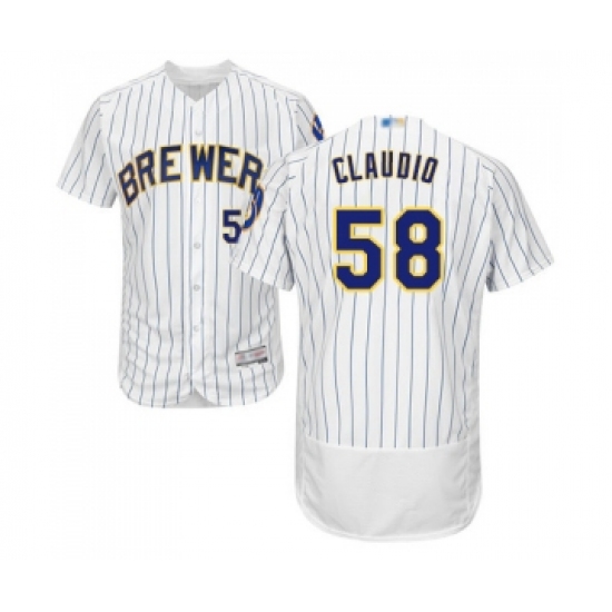 Men's Milwaukee Brewers 58 Alex Claudio White Home Flex Base Authentic Collection Baseball Jersey