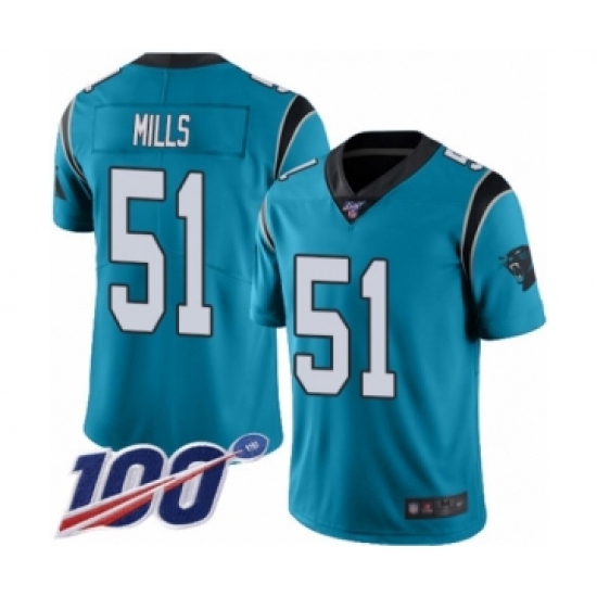 Men's Carolina Panthers 51 Sam Mills Limited Blue Rush Vapor Untouchable 100th Season Football Jersey