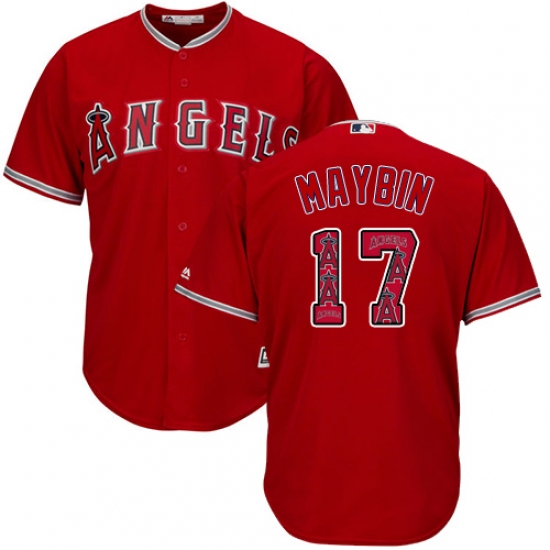 Men's Majestic Los Angeles Angels of Anaheim 9 Cameron Maybin Authentic Red Team Logo Fashion Cool Base MLB Jersey