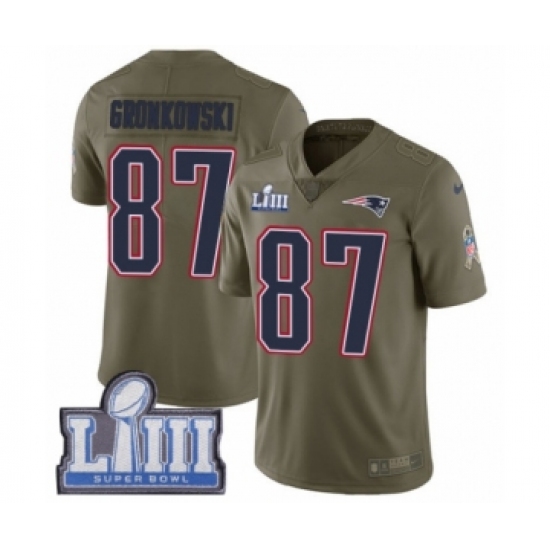 Youth Nike New England Patriots 87 Rob Gronkowski Limited Olive 2017 Salute to Service Super Bowl LIII Bound NFL Jersey