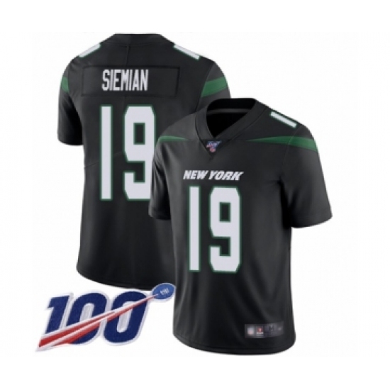 Men's New York Jets 19 Trevor Siemian Black Alternate Vapor Untouchable Limited Player 100th Season Football Jersey