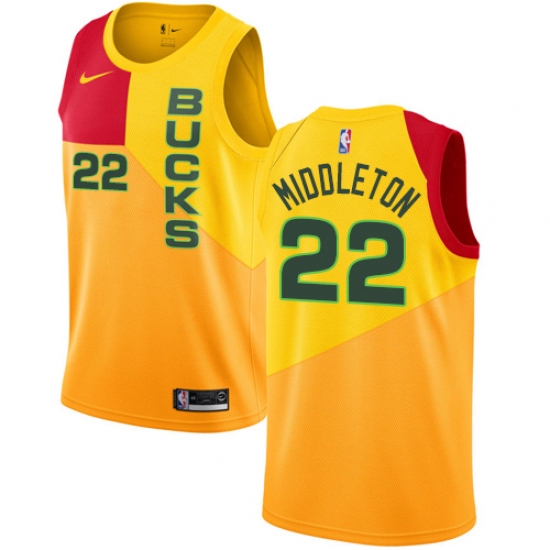 Men's Nike Milwaukee Bucks 22 Khris Middleton Swingman Yellow NBA Jersey - City Edition