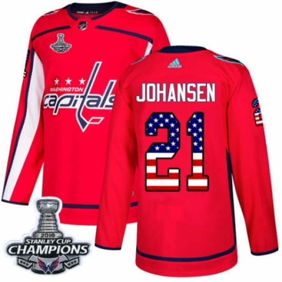 Men's Adidas Washington Capitals 21 Lucas Johansen Authentic Red USA Flag Fashion 2018 Stanley Cup Final Champions NHL Jersey