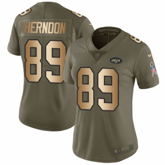 Women's Nike New York Jets 89 Chris Herndon Limited Olive/Gold 2017 Salute to Service NFL Jersey