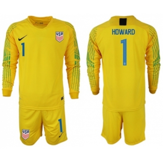 USA 1 Howard Yellow Goalkeeper Long Sleeves Soccer Country Jersey