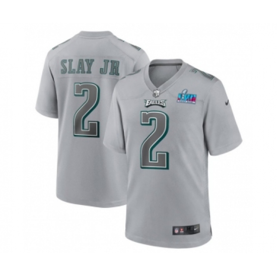 Men's Philadelphia Eagles 2 Darius Slay Jr. Gray Super Bowl LVII Patch Atmosphere Fashion Stitched Game Jersey